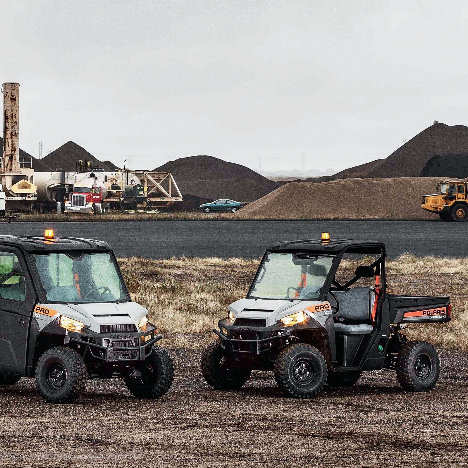 Original Polaris Pro XD vehicles at a quarry
